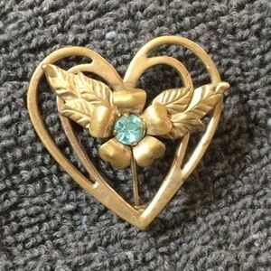 Gold Heart Brooch with Blue Rhinestone